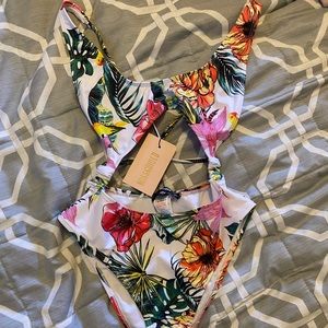 White Tropical Print High Leg Swimsuit. W/ tag